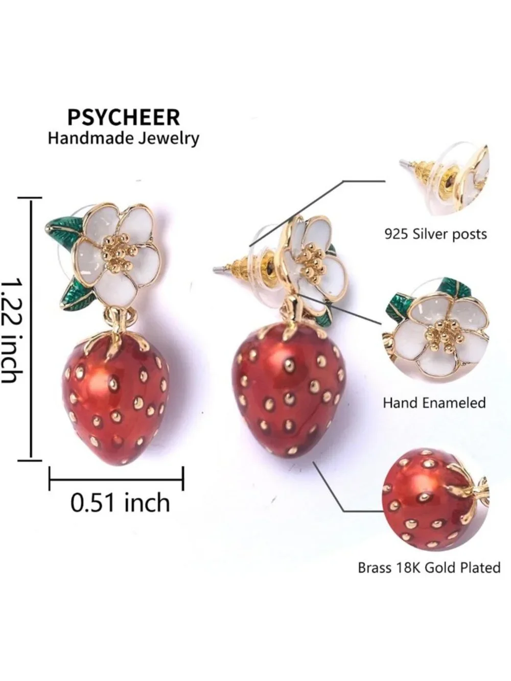 Cute Strawberry Dangle Earrings for Women | Handcrafted Enamel Fruit Jewelry